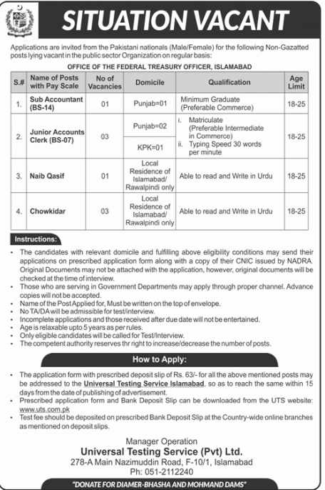 Office of the Federal Treasury Officer Islamabad UTS Jobs 2018 Apply Online