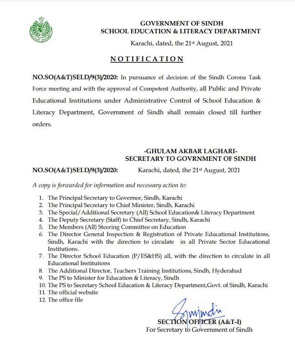 Sindh Government Announces To Reopen The Schools From 30th August