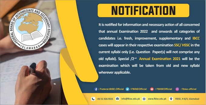 FBISE Issues Notification Regarding 2022 Examination Syllabus