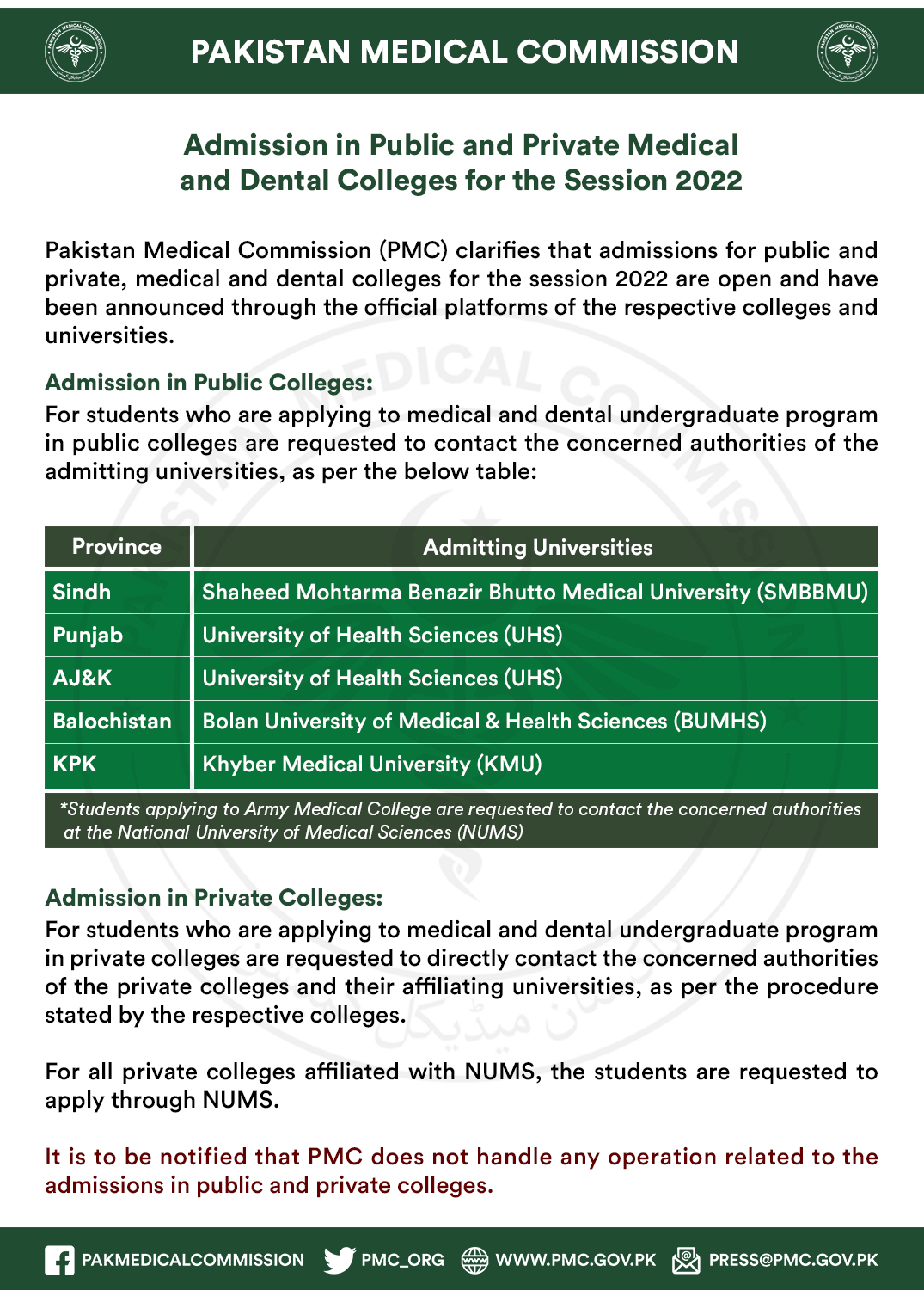 PMC Issues Instructions About Admission in Medical and Dental Universities