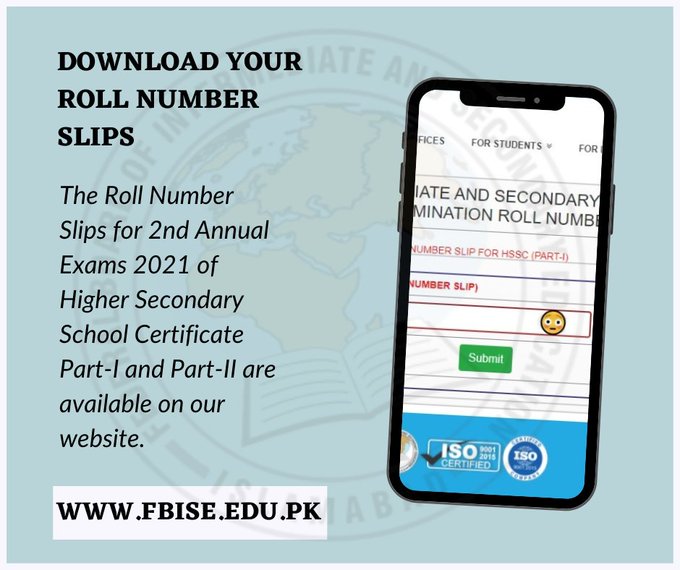 FBISE Issues Roll Number Slips For HSSC Special Exam 2021