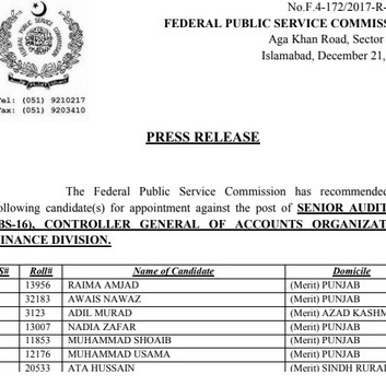 FPSC Senior Auditor Controller General of Accounts Police Final Result Announced