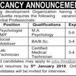 Psychologist, Social Mobilizer, Lab Technician Quetta 25 Dec 2018 Jobs