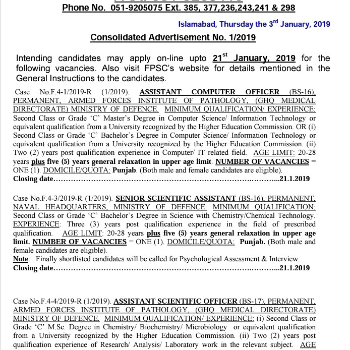 FPSC Jobs Advertisement 01/2019 Apply Online