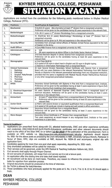 Khyber Medical College Peshawar Jobs 26 Jan 2019