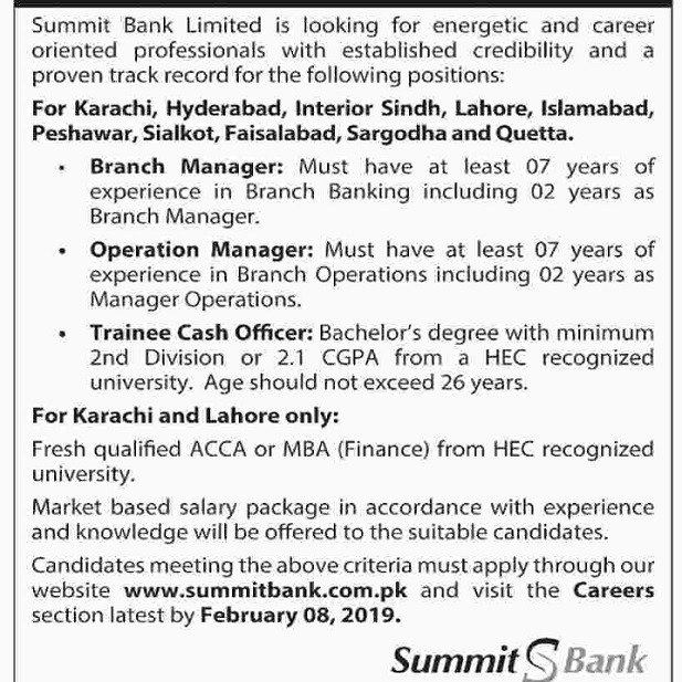 Summit Bank Limited SBL Jobs 2019