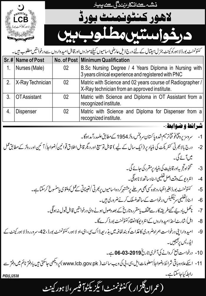 Cantonment Board Lahore jobs 2019