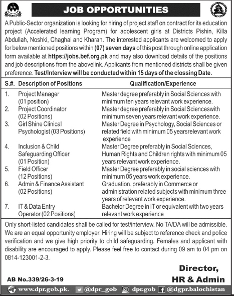 Balochistan Education Department jobs 2019