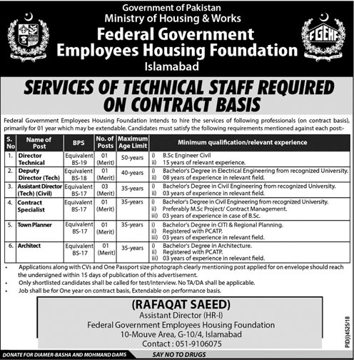 Ministry of Housing Works Govt of Pakistan jobs 2019