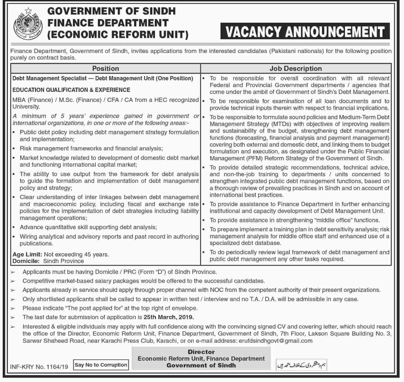Finance Department Govt of Sindh jobs 2019