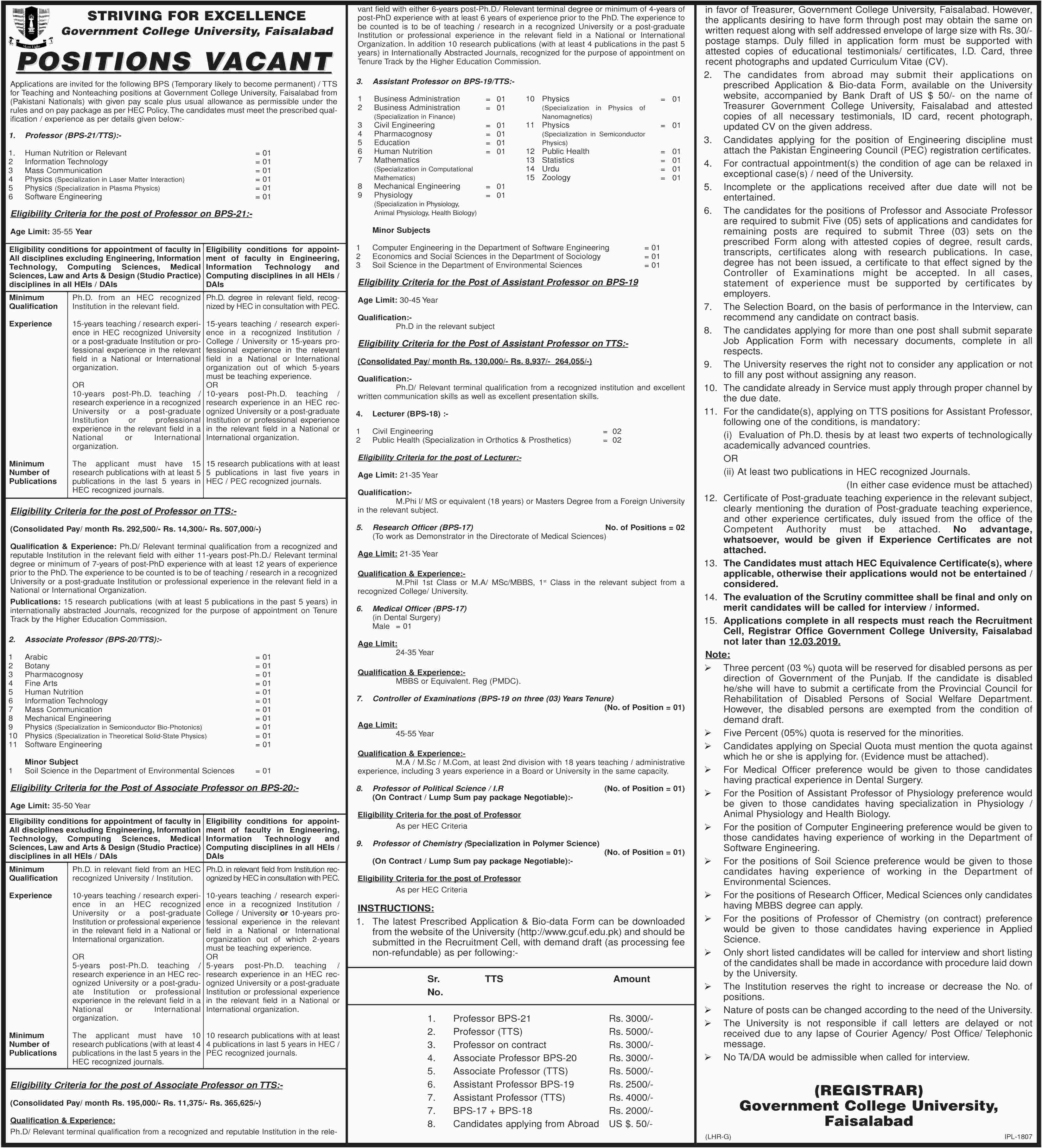 Govt College GC University Faisalabad jobs 2019