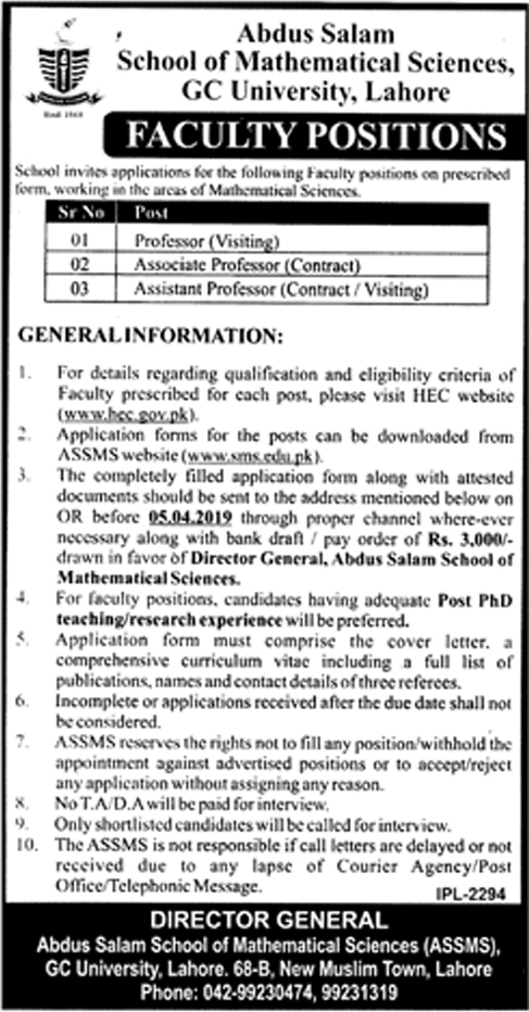 Govt College GC University Lahore jobs 2019