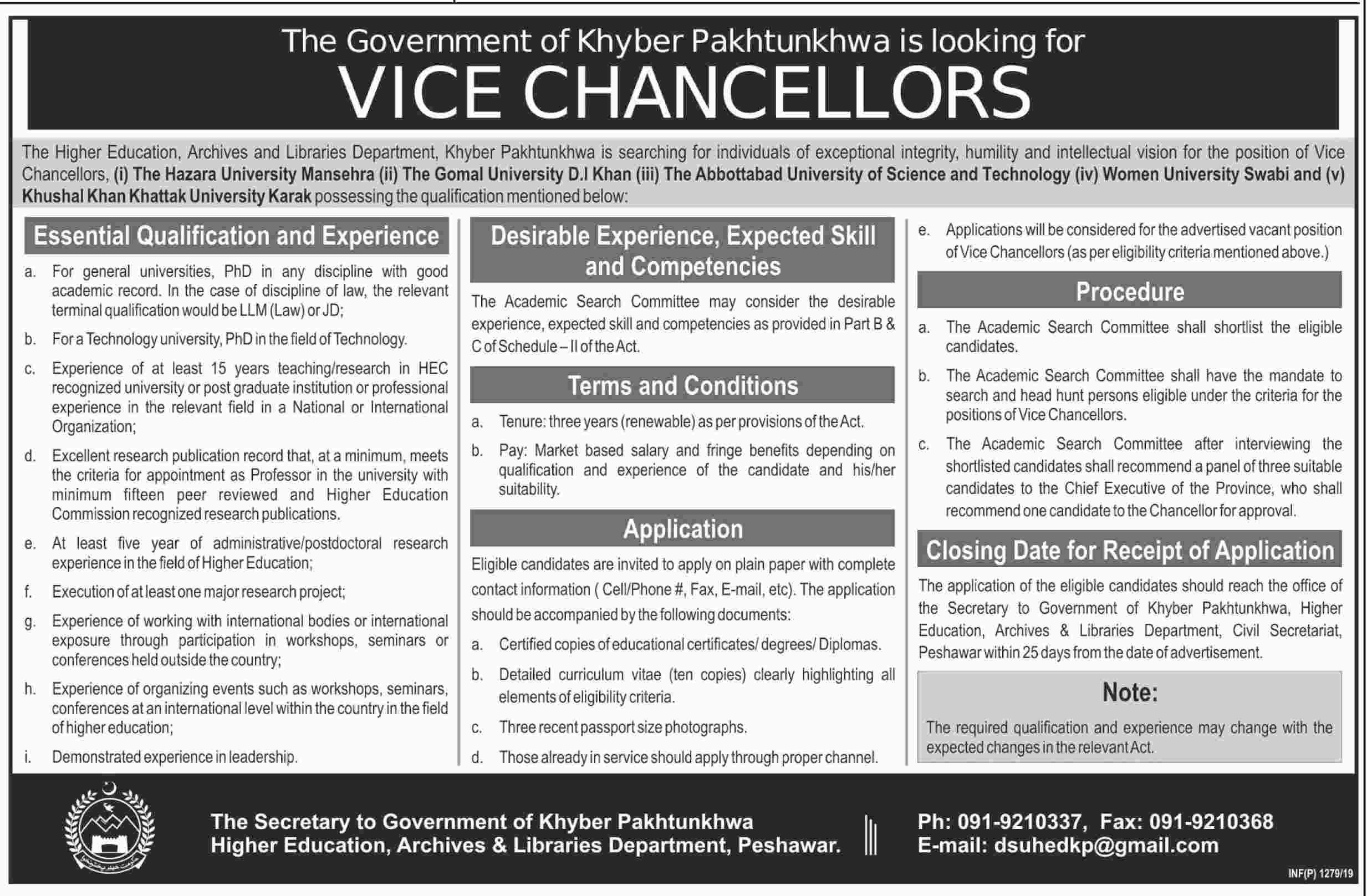 Higher Education Department jobs 2019