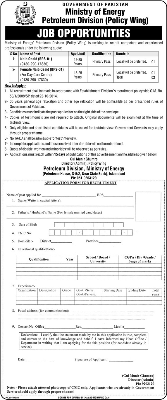 Ministry of Energy Petroleum Division Govt of Pakistan jobs 2019