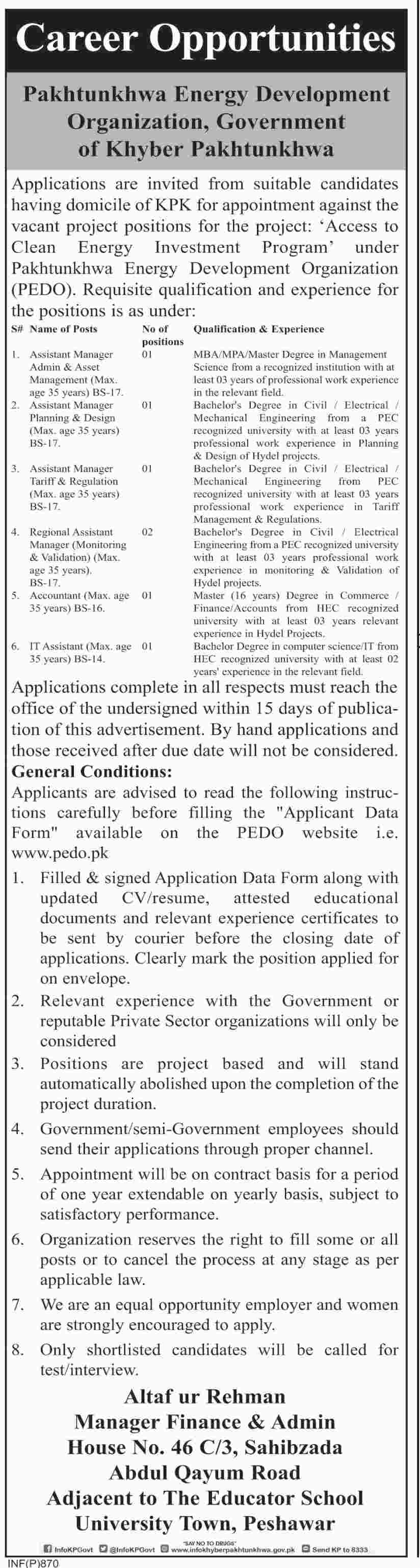 Pakhtunkhwa Energy Development Organization (PEDO) jobs 2019