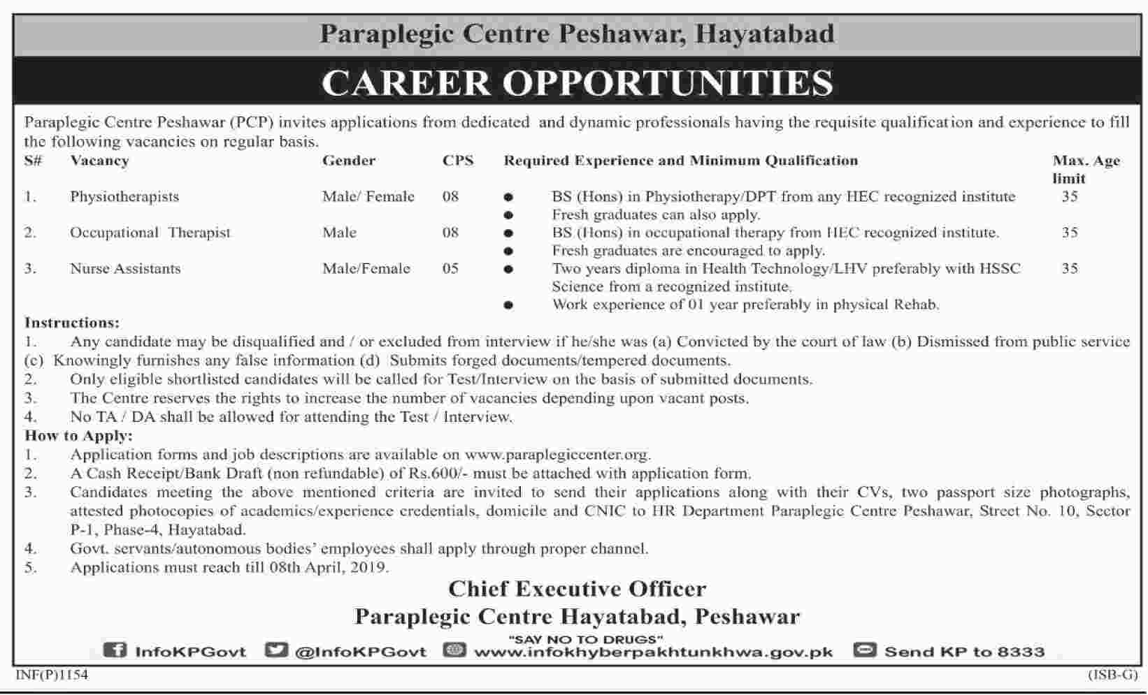 Paraplegic Centre Peshawar jobs 2019