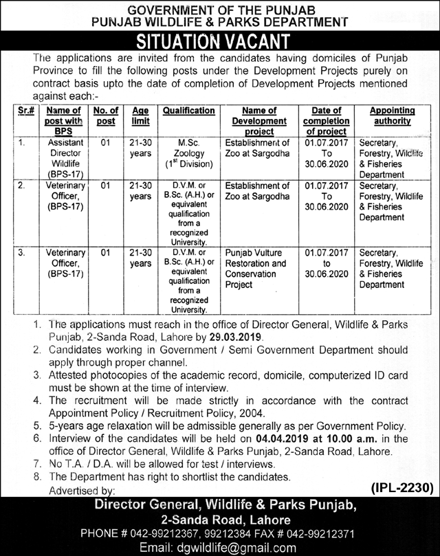 Punjab Wildlife and Parks Department jobs 2019