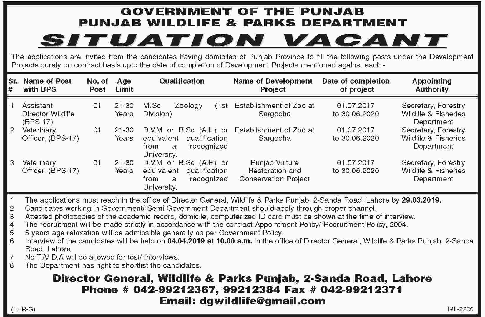 Punjab Wildlife and Parks Department jobs 2019