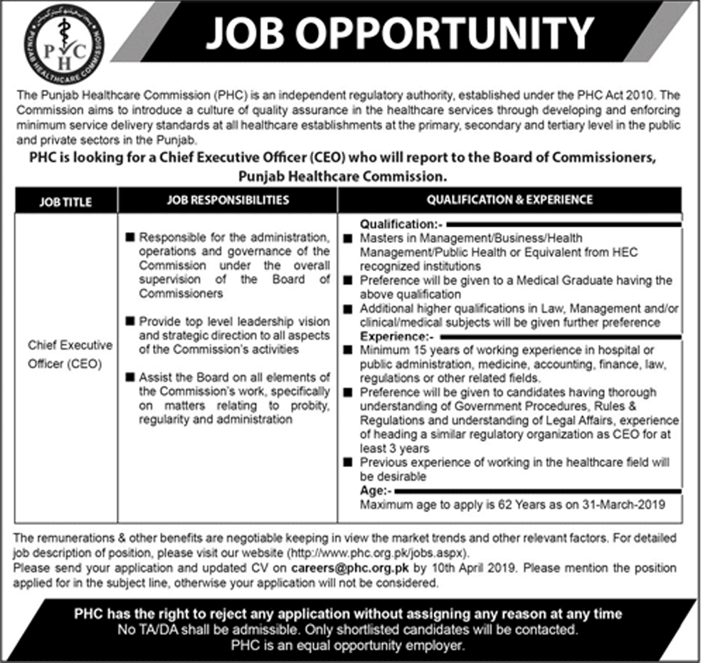 Punjab Healthcare Commission (PHC) jobs 2019