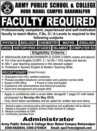 Army Public School and College jobs 2019