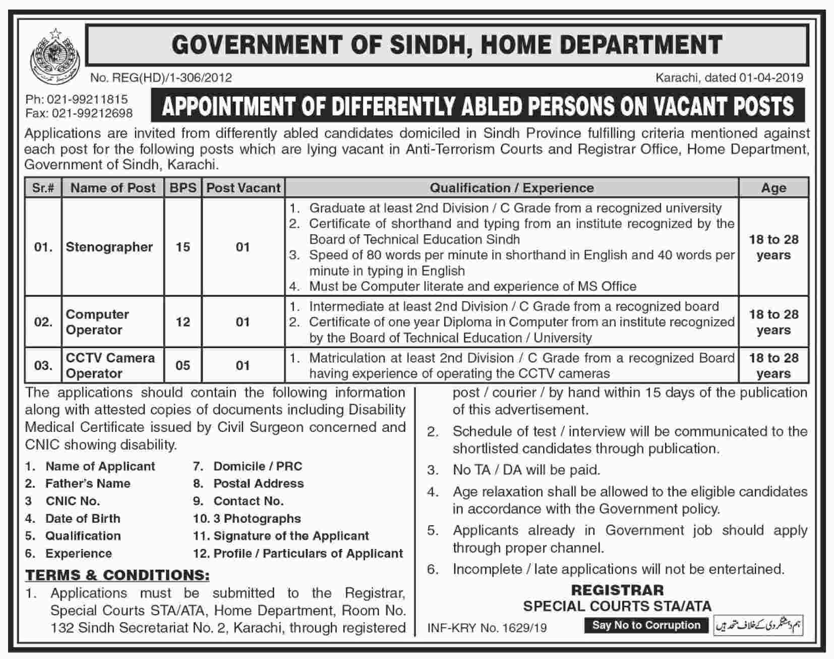 Home Department Govt of Sindh jobs 2019
