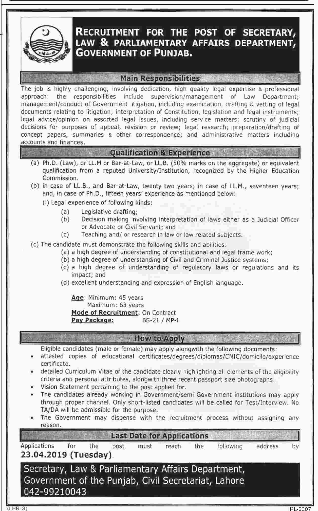 Law and Parliamentary Affairs Department Govt of Punjab jobs 2019