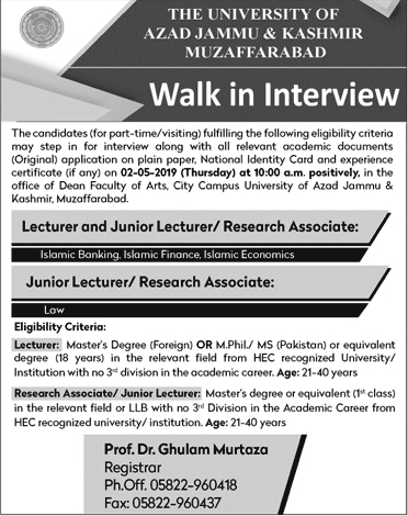 University of Azad Jammu and Kashmir jobs 2019