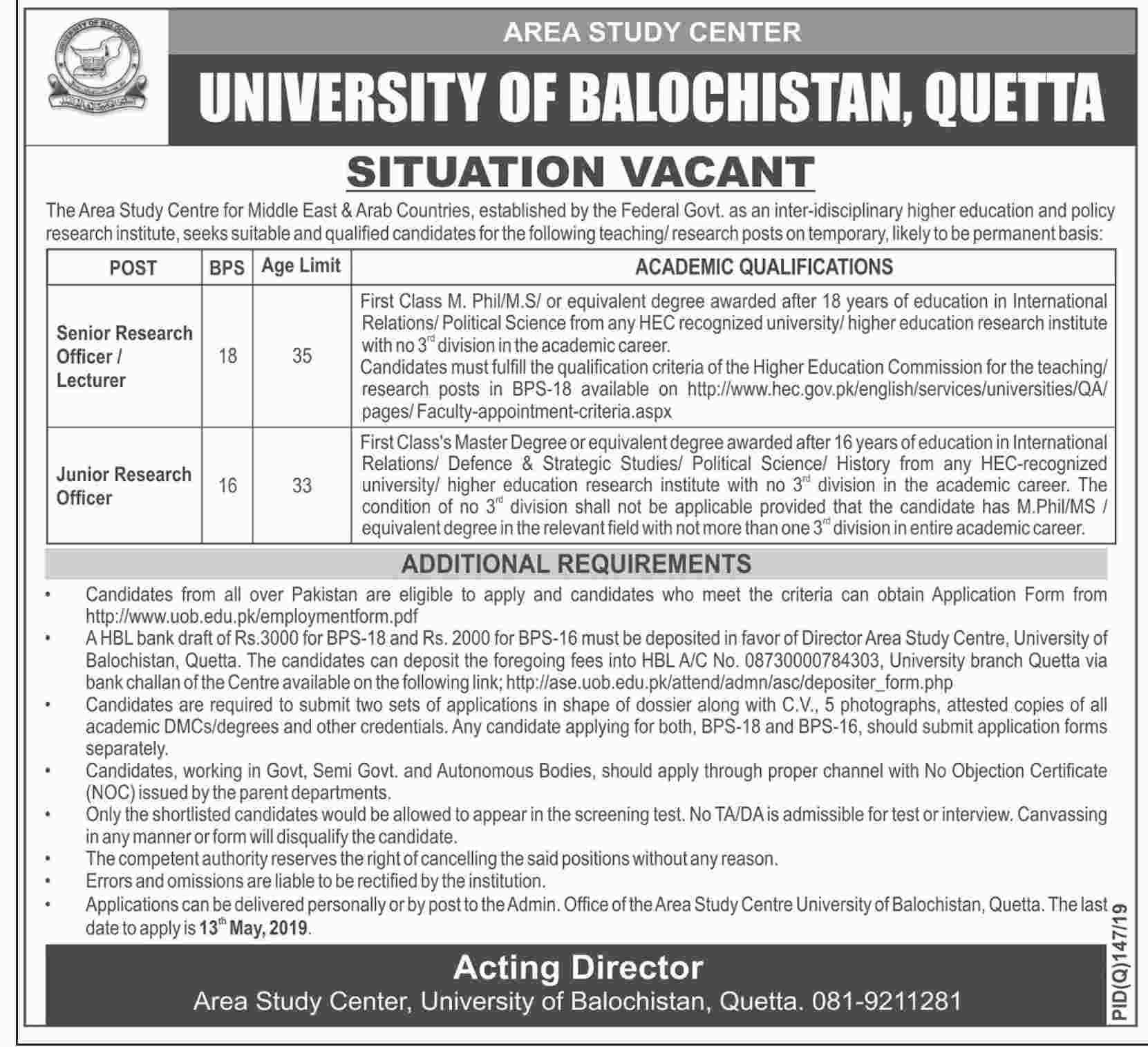 University of Balochistan jobs 2019