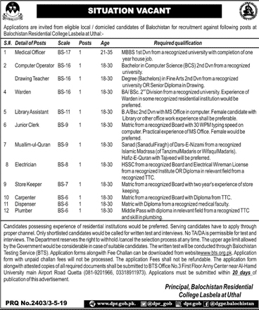 Balochistan Residential College jobs 2019
