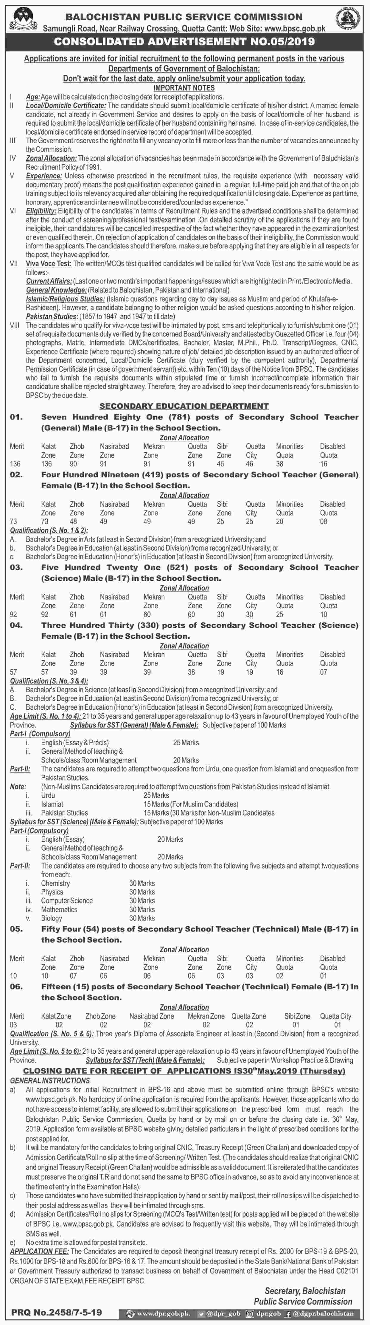 Balochistan Public Service Commission (BPSC) jobs 2019
