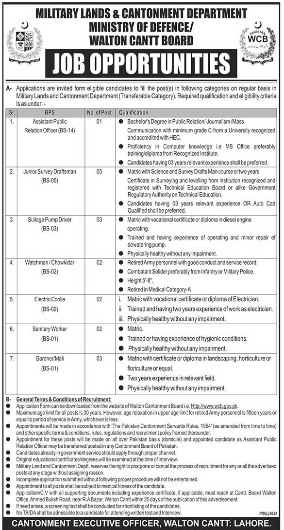 Ministry of Defence Govt of Pakistan jobs 2019