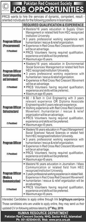 Pakistan Red Crescent Society jobs 2019