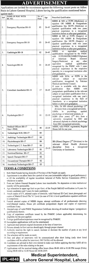 Lahore General Hospital Lahore (LGH) jobs 2019