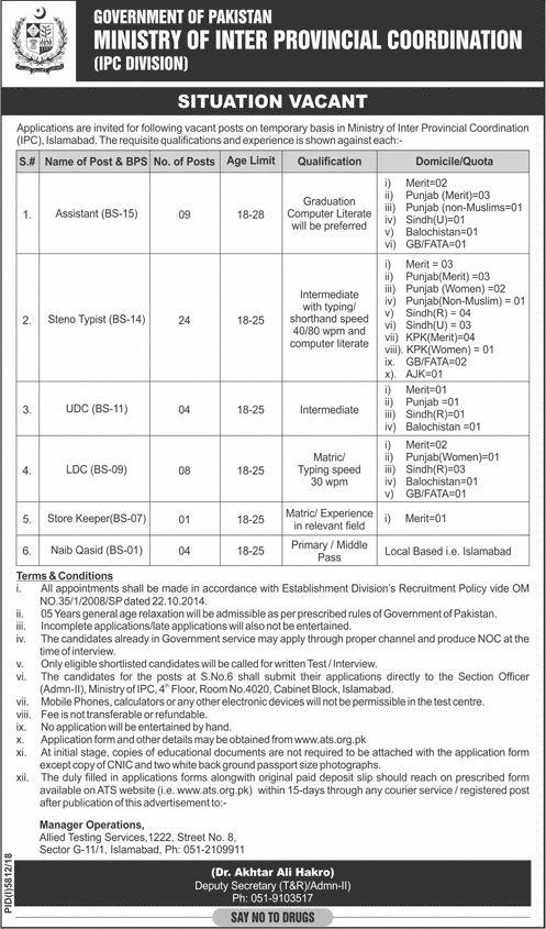 Ministry of Inter Provincial Coordination jobs 2019