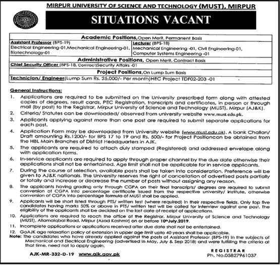 Mirpur University of Science and Technology jobs 2019