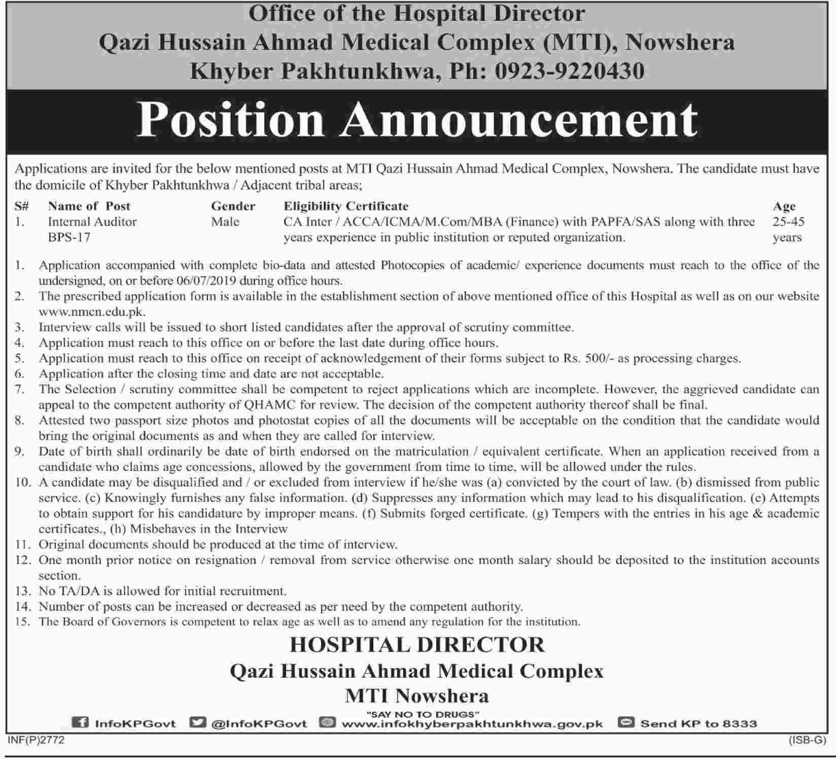 Qazi Hussain Ahmad Medical Complex Nowshera jobs 2019