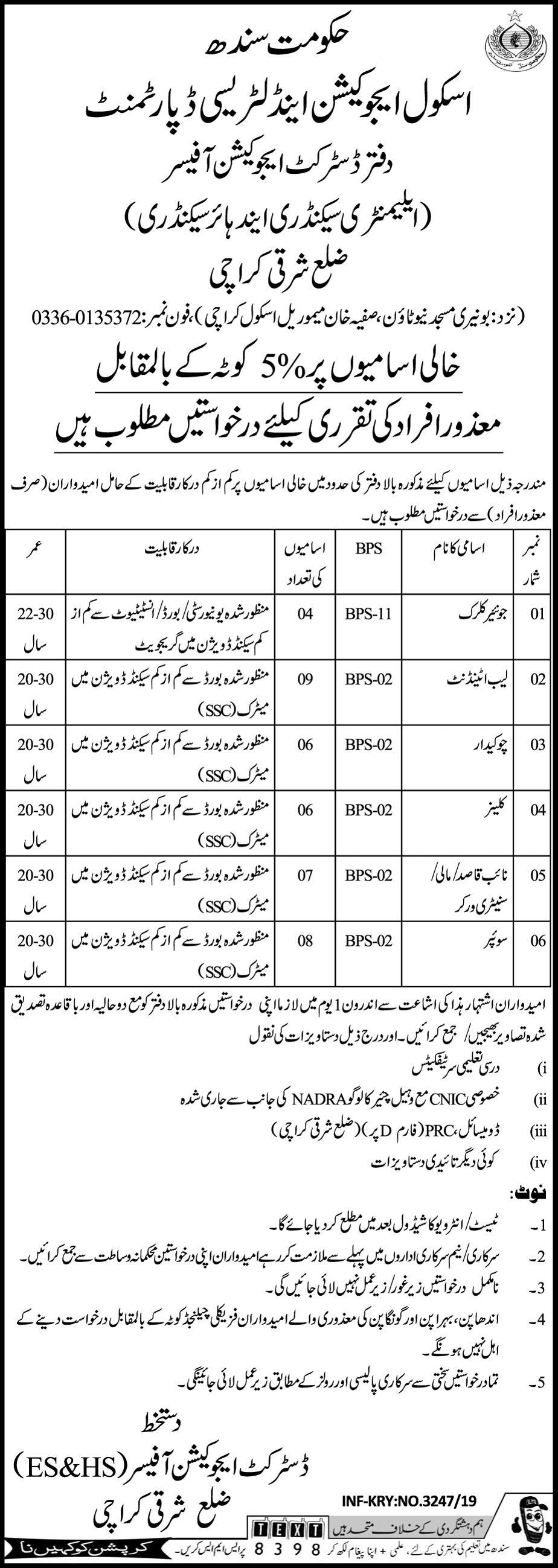 Education Department Govt of Sindh jobs 2019