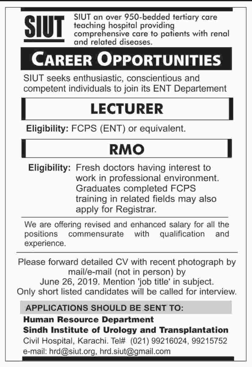 Sindh Institute of Urology and Transplantation jobs 2019