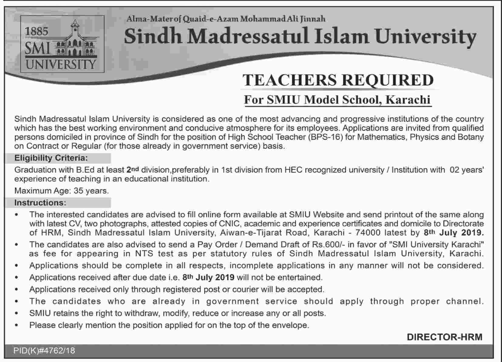 Sindh Madressatul Islam University jobs 2019