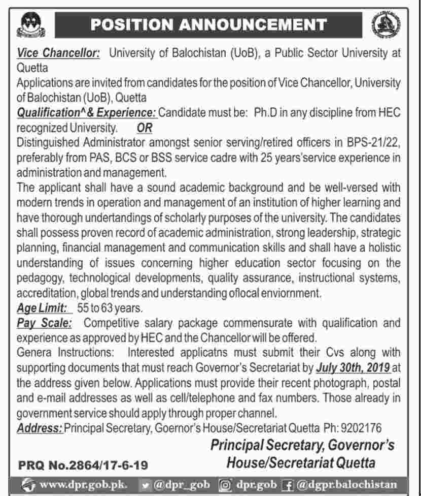 University of Balochistan jobs 2019