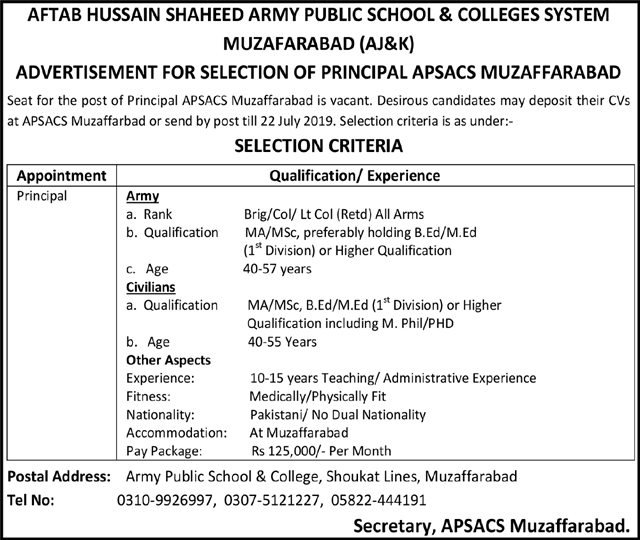 Army Public School and College jobs 2019