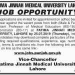 Fatima Jinnah Medical University Lahore Jobs 10 Jul 2019