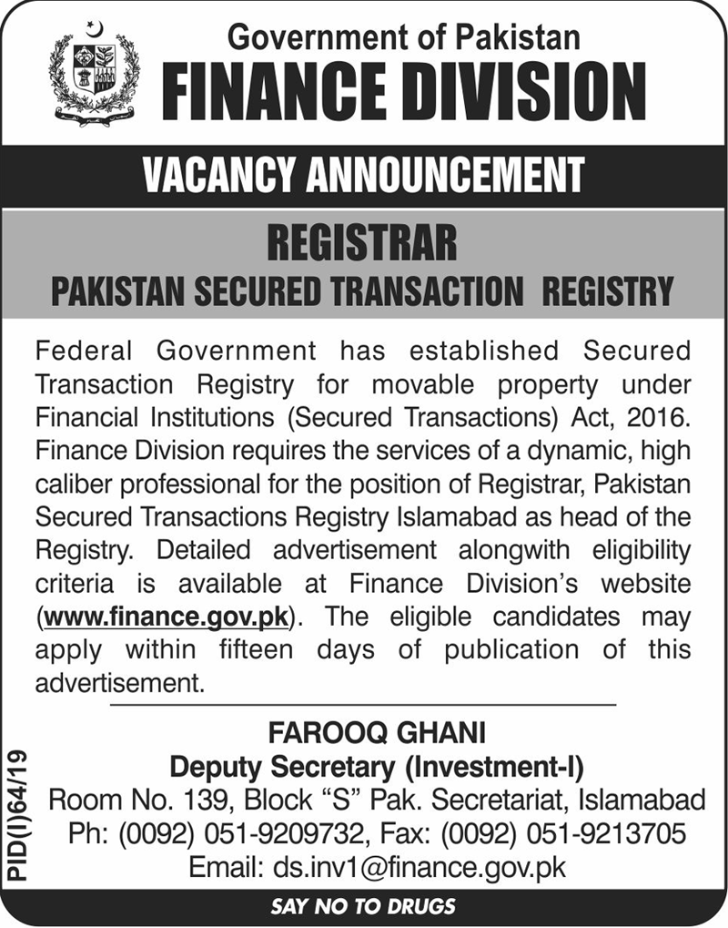 Ministry of Finance Govt of Pakistan jobs 2019