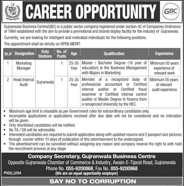 Gujranwala Business Centre jobs 2019