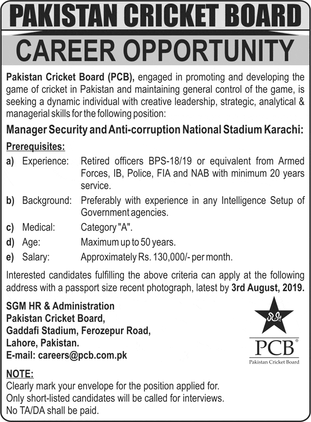 Pakistan Cricket Board (PCB) jobs 2019