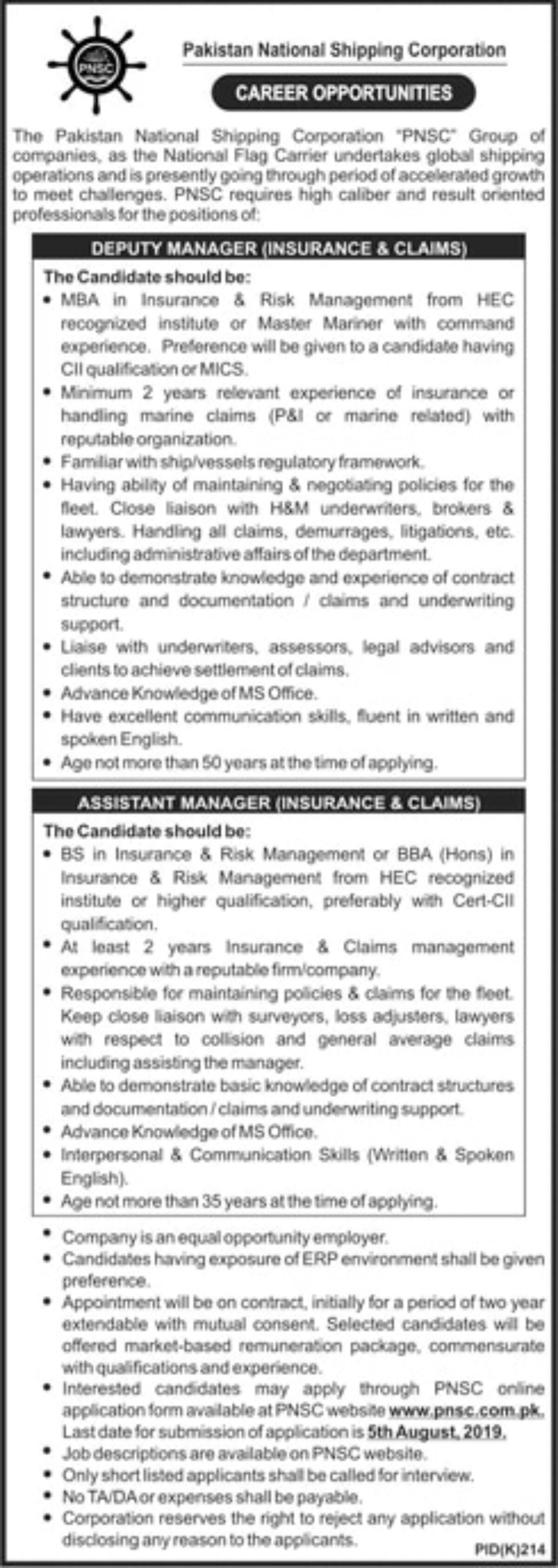 Pakistan National Shipping Corporation Pnsc  Jul  Jobs 5dbb x