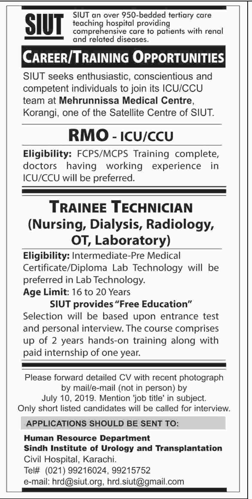 Sindh Institute of Urology and Transplantation jobs 2019