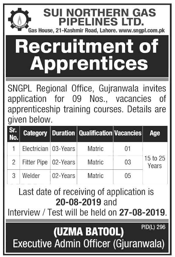 Sui Northern Gas Pipelines Limited jobs 2019