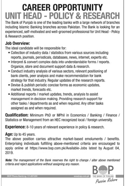 Bank of Punjab jobs 2019