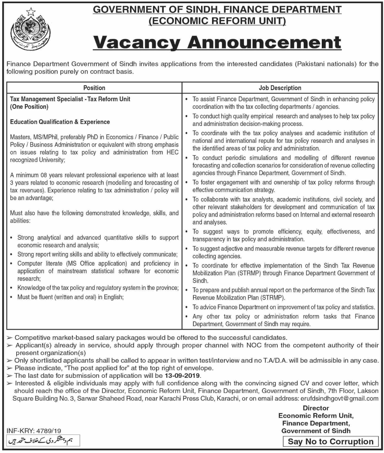 Finance Department Govt of Sindh jobs 2019